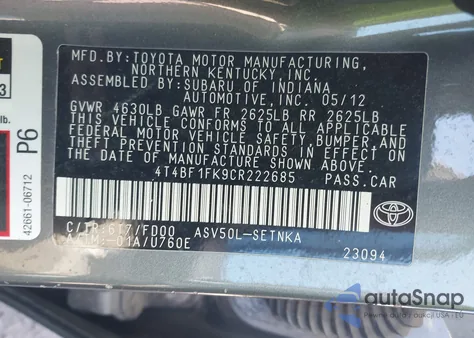 2012 Toyota Camry Le z USA, uszkodzony, nr VIN 4T4BF1FK9CR222685